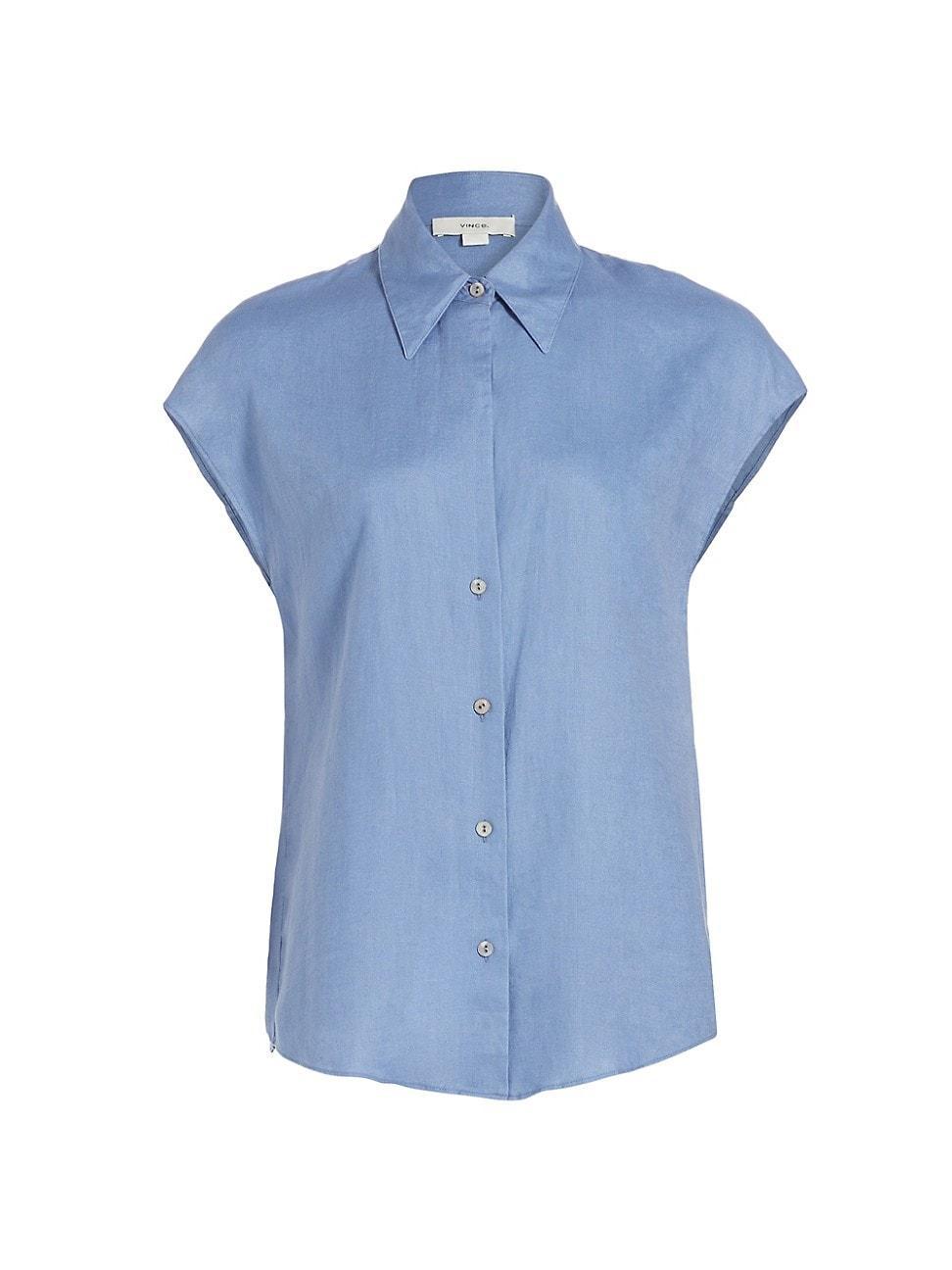 Cap-Sleeve Linen Button-Front Blouse Product Image