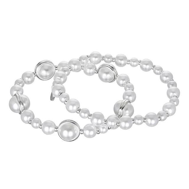 Emberly Silver Tone Simulated Pearl Stretch Bracelet 2-piece Set, Womens Product Image