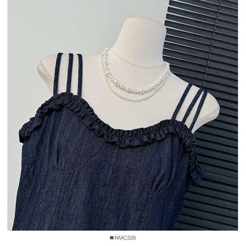 Sleeveless Ruffle-Trim Denim A-Line Maxi Dress Product Image