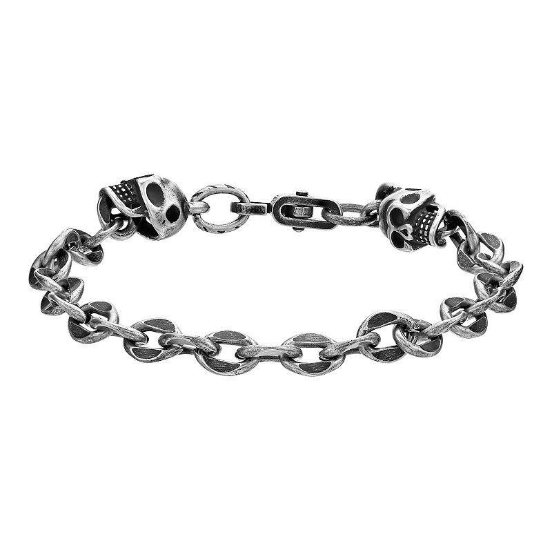 LYNX Stainless Steel 7mm Antique Finish Skull 9 Mens Chain Bracelet, Grey Product Image