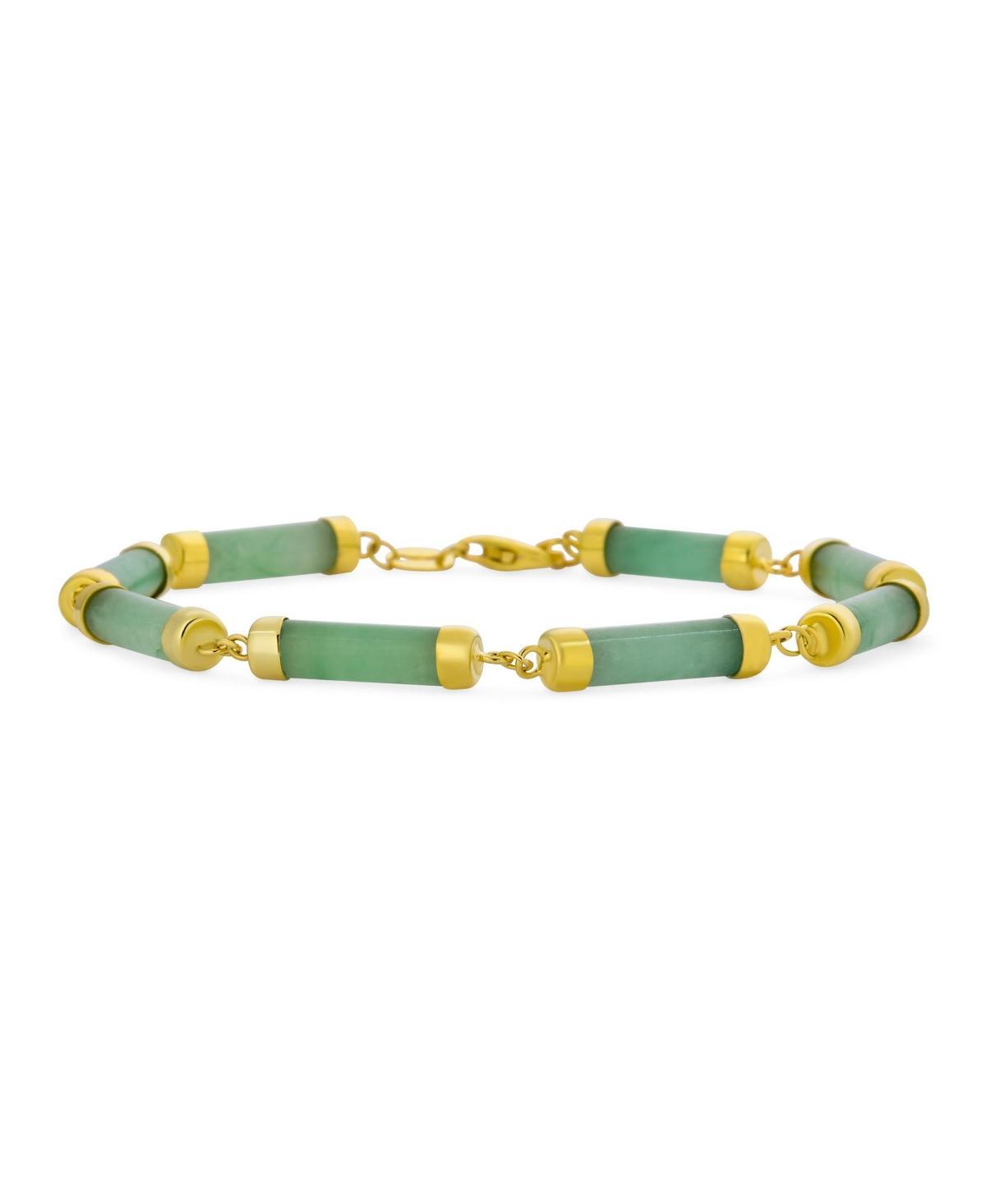 Fine Jewelry Gemstone Tube Bar Link Strand Genuine Green Jade Bracelet For Women Yellow Gold Plated .925 Sterling Silver 7.5 Inch Product Image