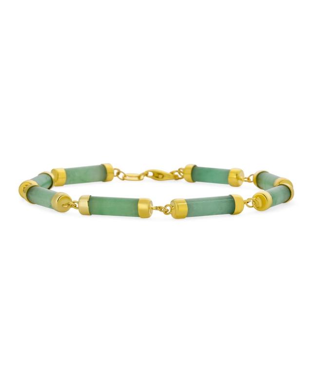 Fine Jewelry Gemstone Tube Bar Link Strand Genuine Green Jade Bracelet For Women Yellow Gold Plated .925 Sterling Silver 7.5 Inch Product Image