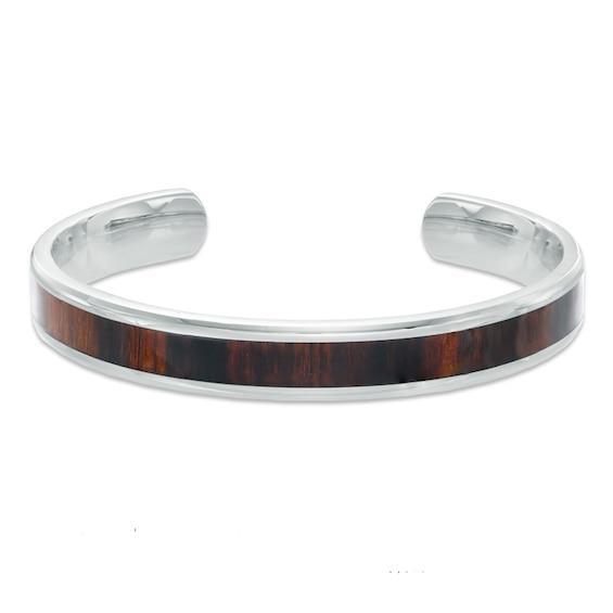 Men's Dark Wood Inlay Cuff Bracelet in Stainless Steel - 8.5" Product Image