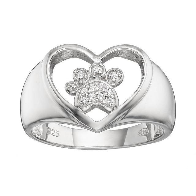 HSUS Cubic Zirconia Sterling Silver Paw Print & Heart Ring, Womens White Product Image