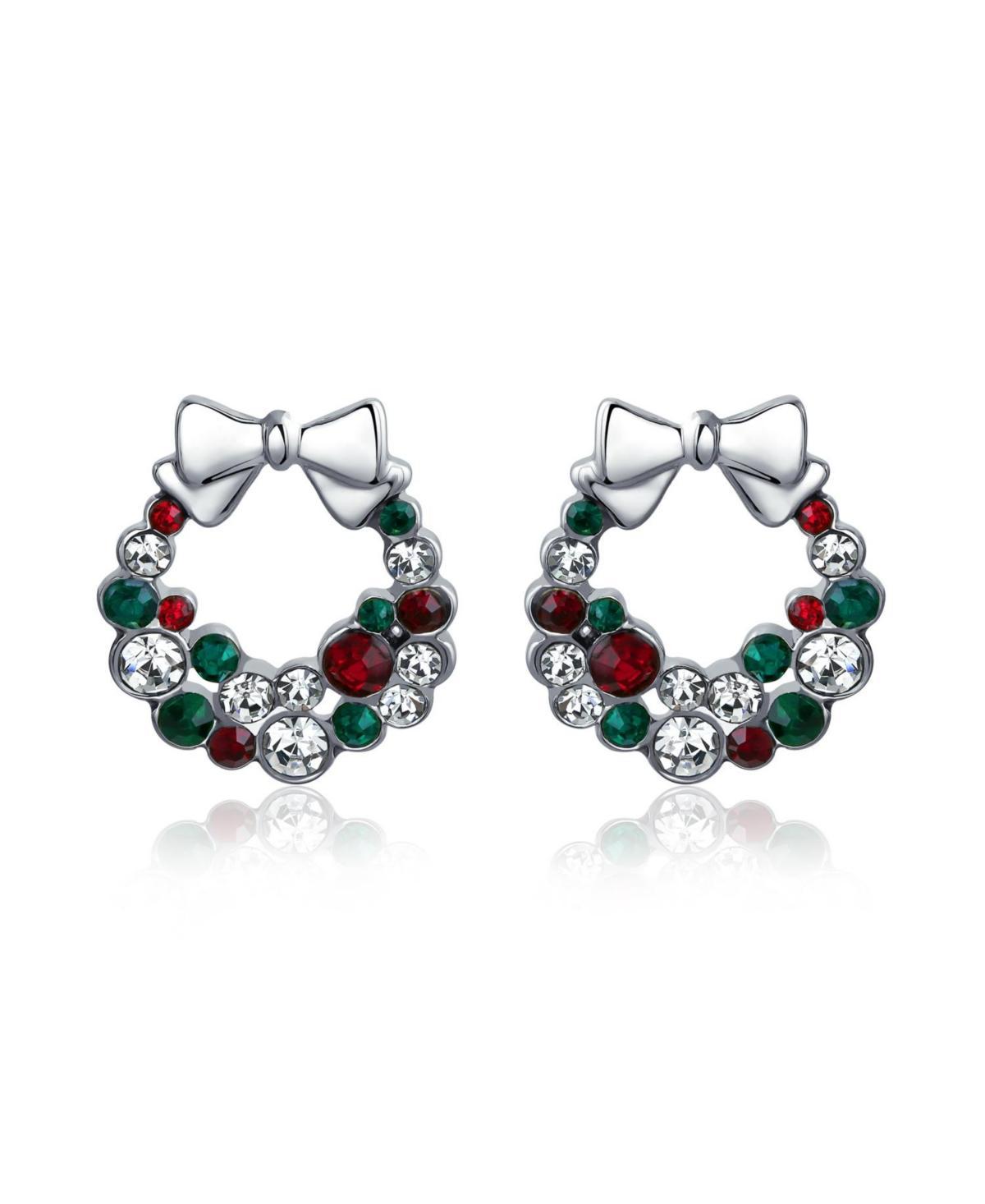 Bling Jewelry Fashion Sparkling Christmas Bow Red Green White Crystal Holiday Wreath Stud Earrings For Women Crystal Silver Plated Product Image