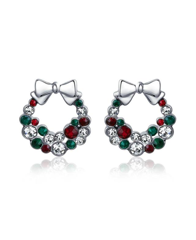 Bling Jewelry Fashion Sparkling Christmas Bow Red Green White Crystal Holiday Wreath Stud Earrings For Women Crystal Silver Plated Product Image