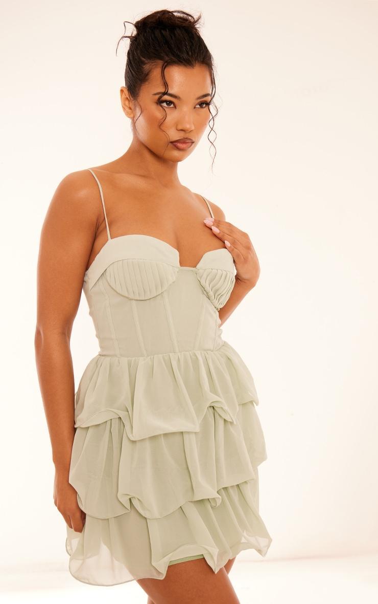 Sage Green Chiffon Pleat Cup Detail Frill Shift Dress product image