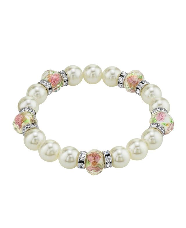 1928 Flower Bead & Simulated Crystal Stretch Bracelet, Womens, White Product Image