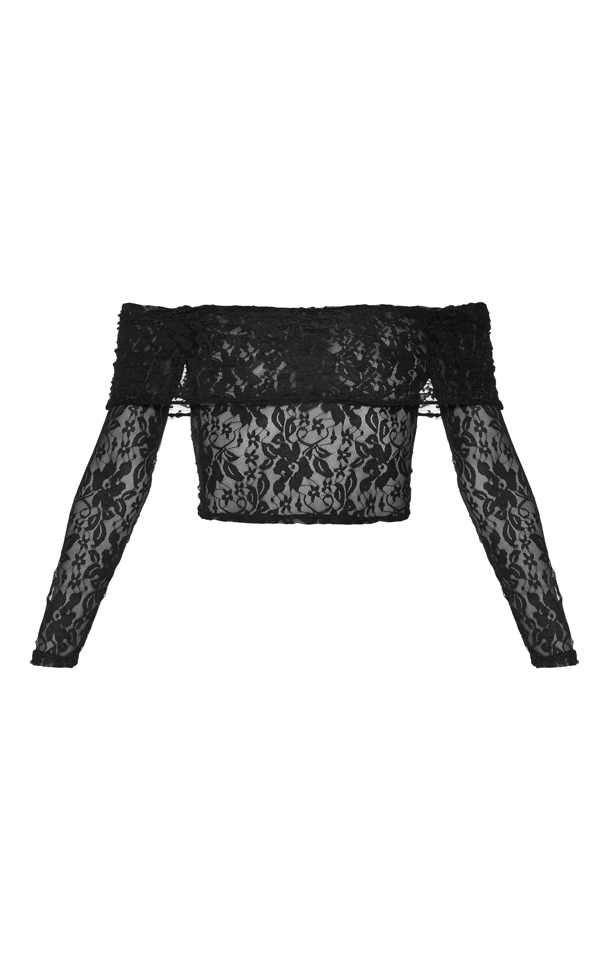 Black Lace Bardot Long Sleeve Long Top Product Image