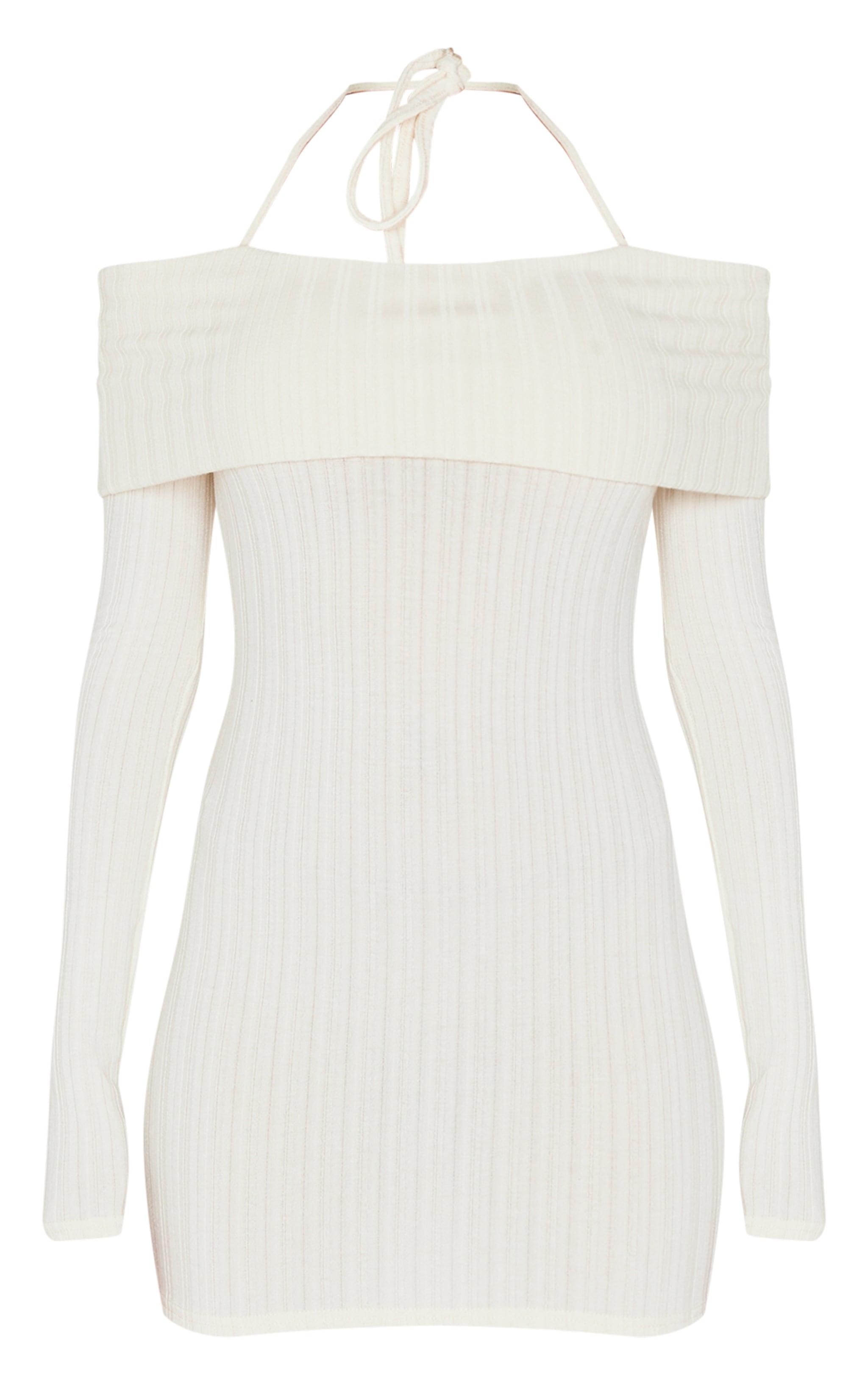 Cream Rib Bardot Fold Over Bodycon Dress Product Image