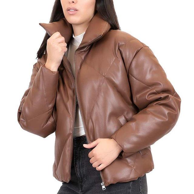 Juniors Coffee Shop Quilted Faux Leather Puffer Coat, Womens Product Image