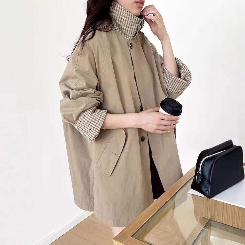 Collared Plain Button Trench Jacket Product Image