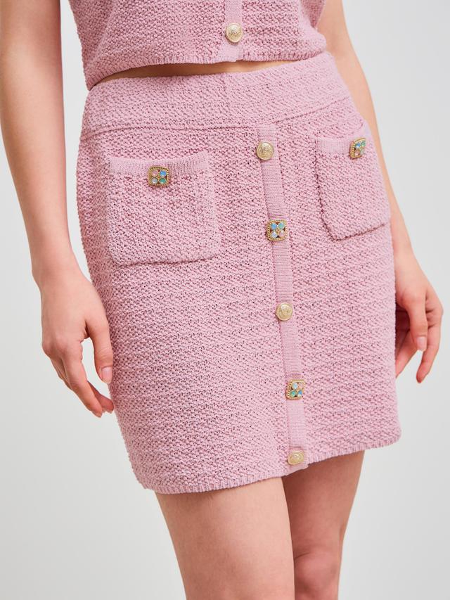 Knitted Mid Rise Solid Button Skirt Product Image