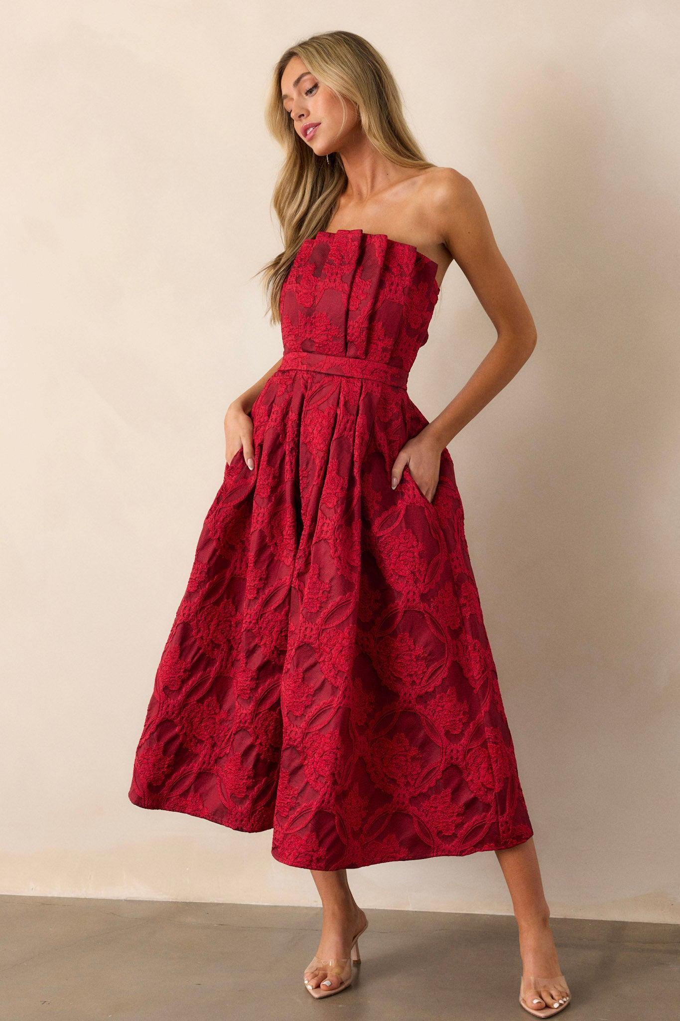 Moonstone Dreams Ruby Red Floral Jacquard Midi Dress Product Image