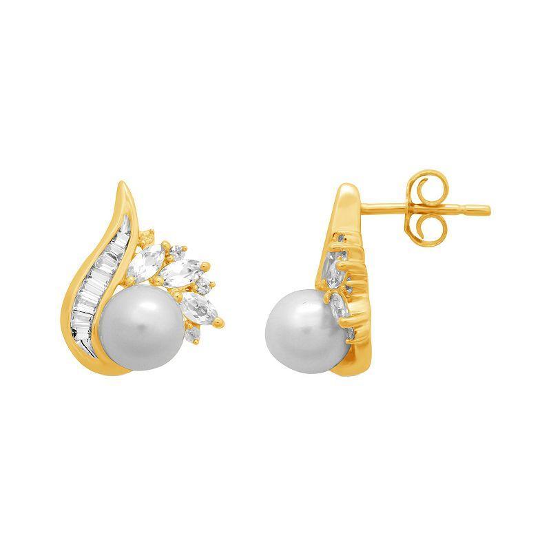 14k Gold Over Silver Freshwater Cultured Pearl & Lab-Created White Sapphire Swirl Drop Earrings, Womens Product Image