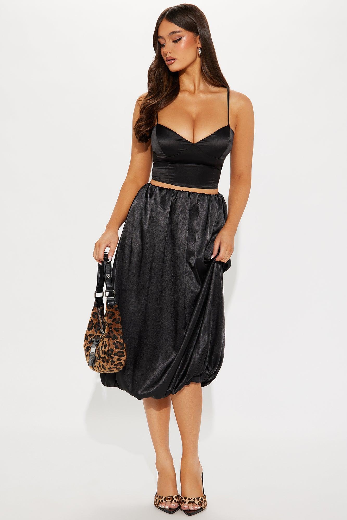 Tell You More Satin Bubble Midi Skirt - Black Product Image