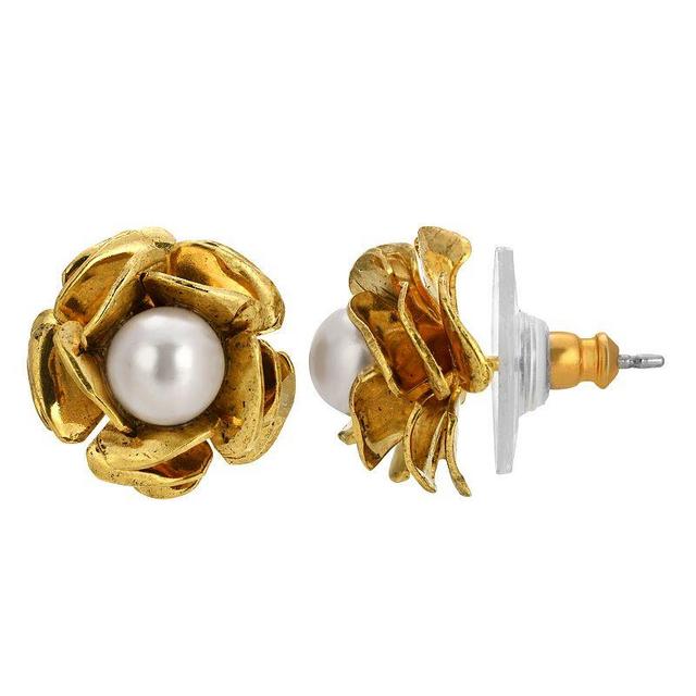 1928 Gold Tone Simulated Pearl Flower Stud Earrings, Womens, White Product Image