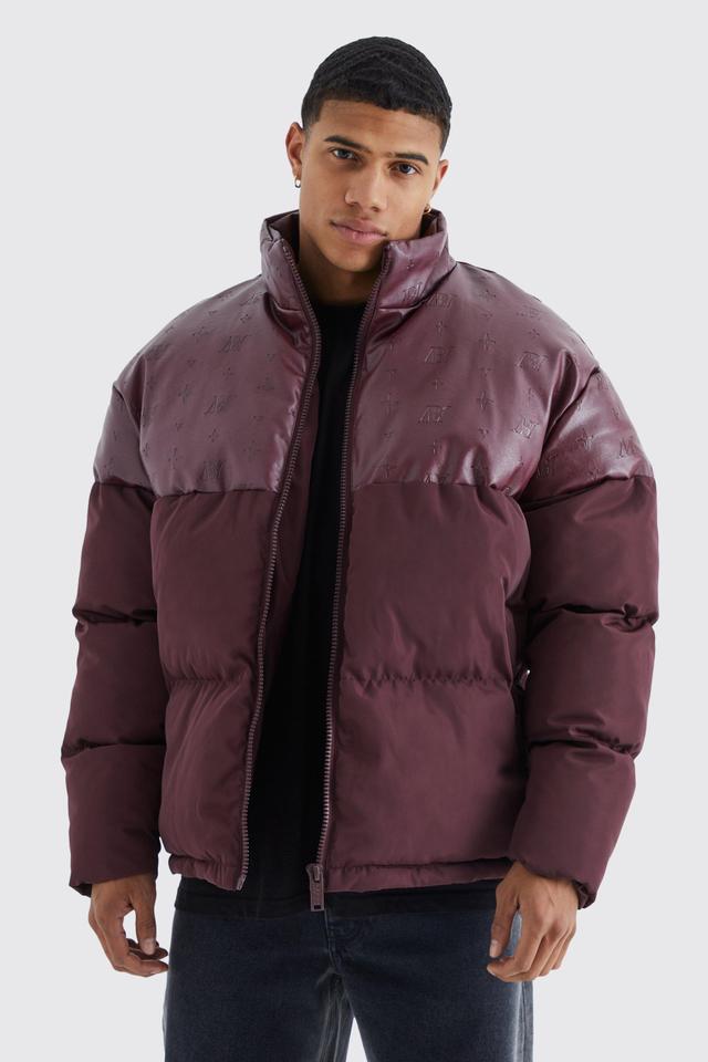 Oversized Embossed Pu & Nylon Puffer | boohooMAN USA Product Image