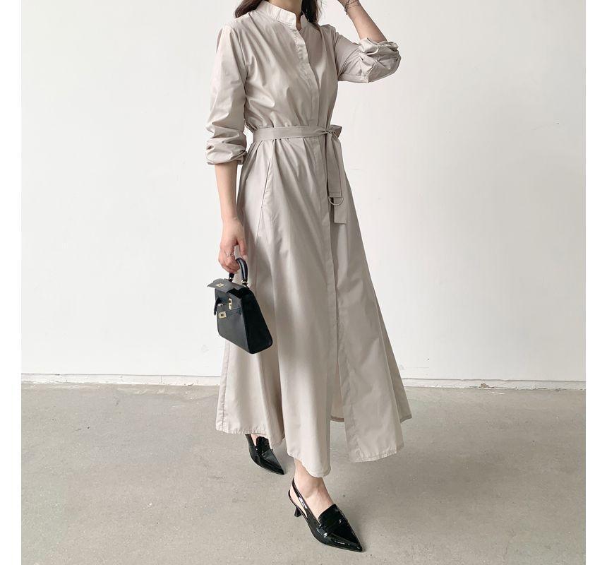 Long-Sleeve Plain Satin Midi Shirt Dress Product Image