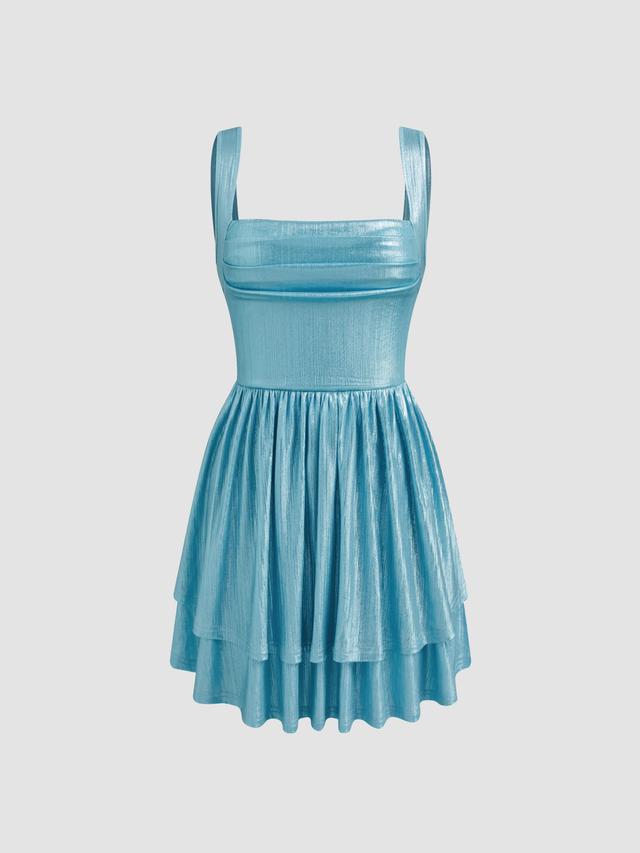 Metallic Square Neck Ruffle Tiered Mini Dress Product Image