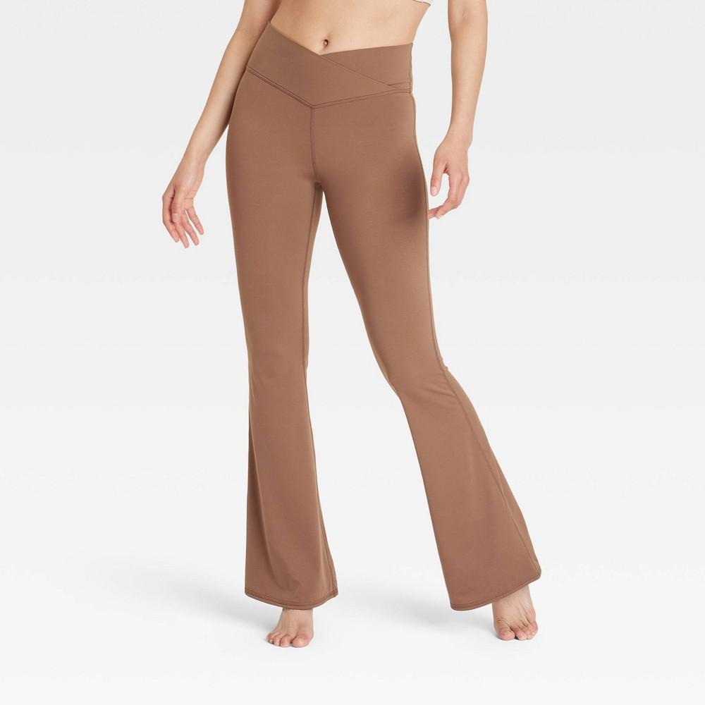 Womens High Rise Crossover Waistband Flare Leggings - JoyLab Brown L Product Image