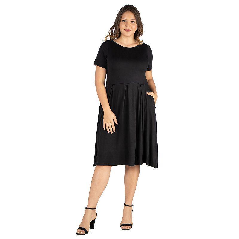 Plus Size 24seven Comfort Apparel Short Sleeve Midi Skater Dress With Pockets, Womens Black Product Image