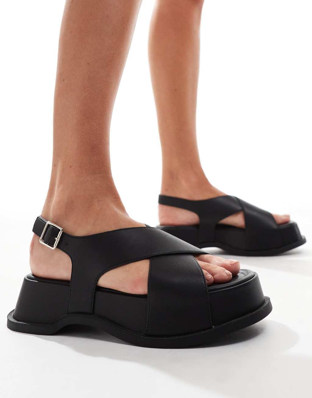 Truffle Collection chunky cross strap sandals in black Product Image