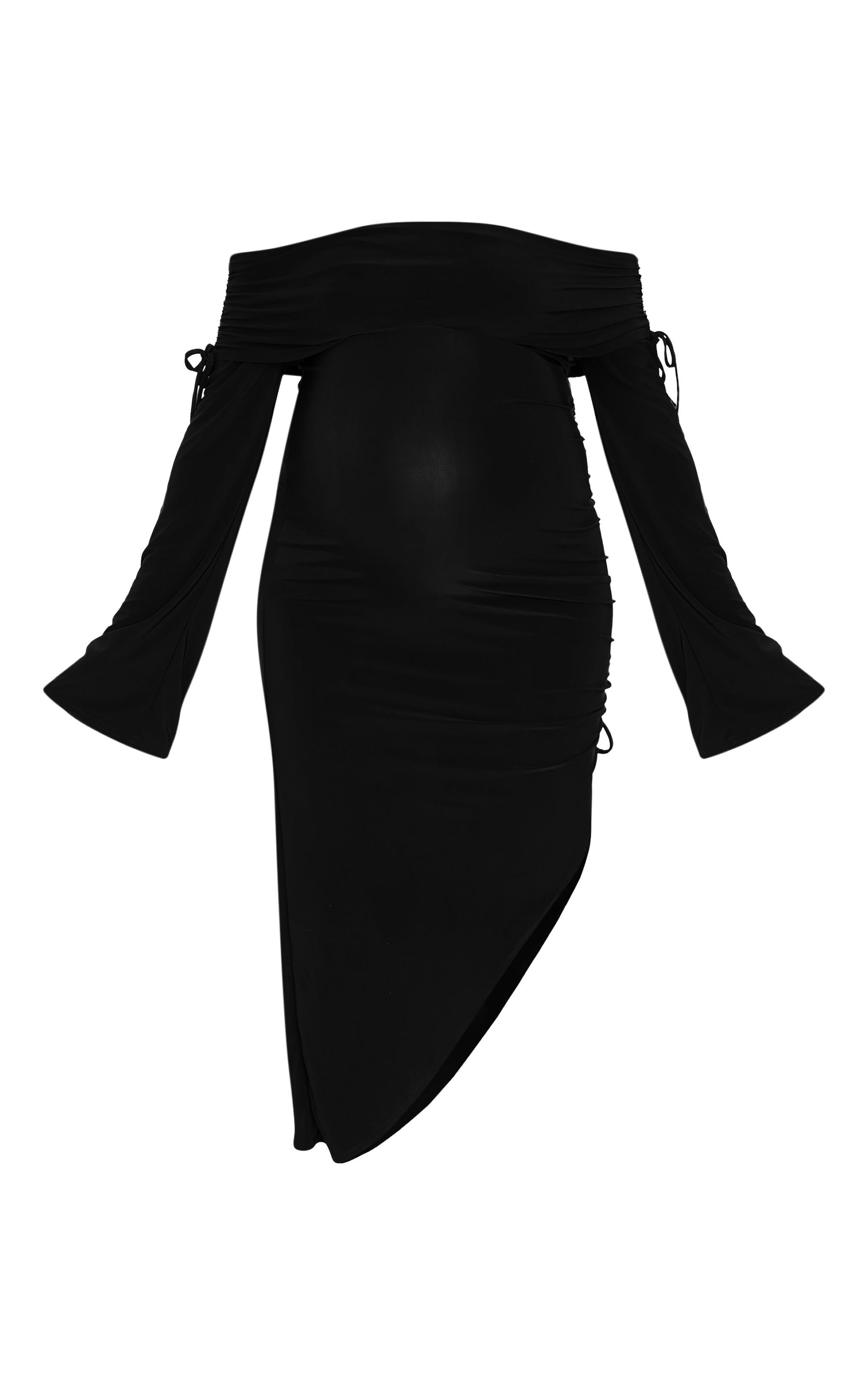 Maternity Black Slinky Bardot Ruched Asymmetric Hem Midi Dress Product Image