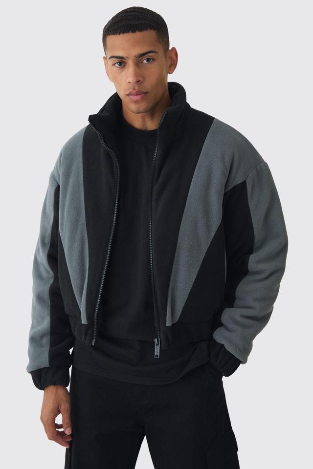 Boxy Colour Block Funnel Neck Fleece Jacket In Black | boohooMAN USA Product Image