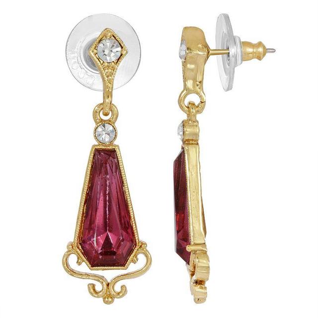 1928 Gold Tone Filigree & Pink Tapered Baguette Drop Earring, Womens Product Image