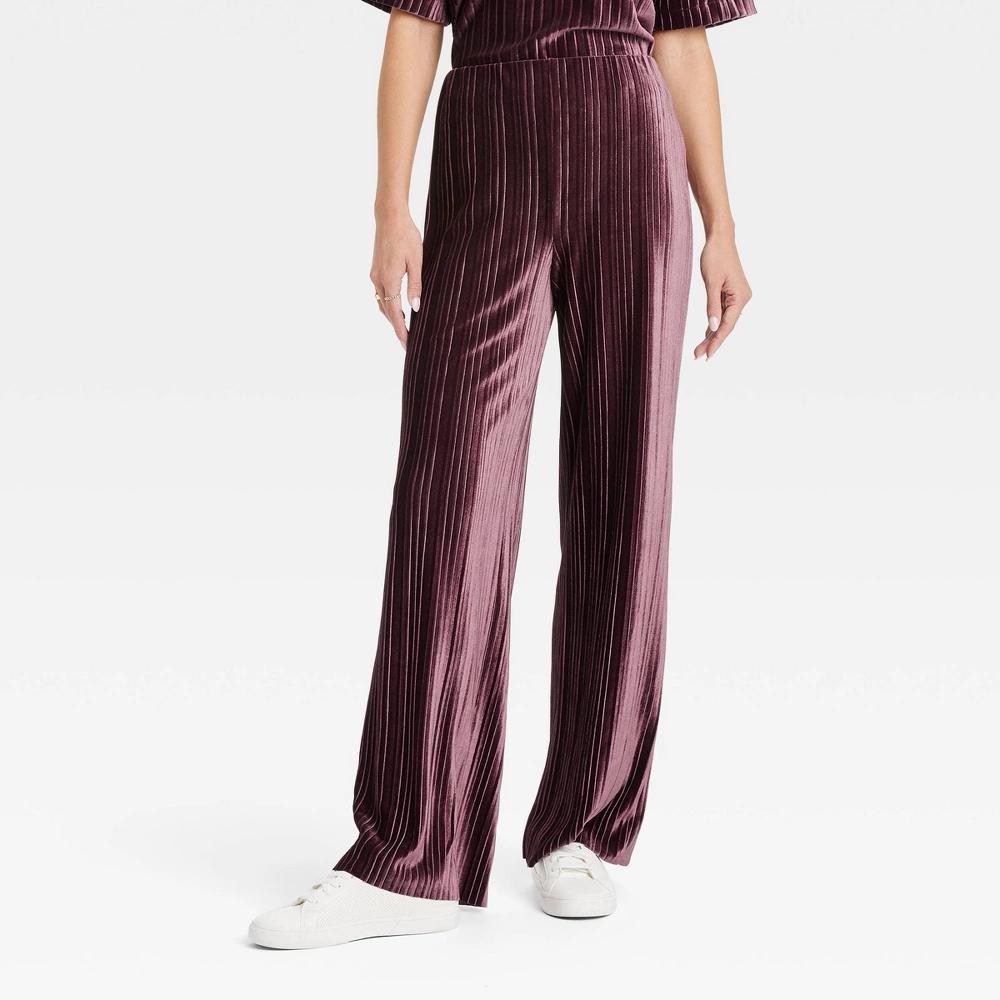 Womens High-Rise Straight Leg Velour Pull-On Pants - A New Day Burgundy XL product image