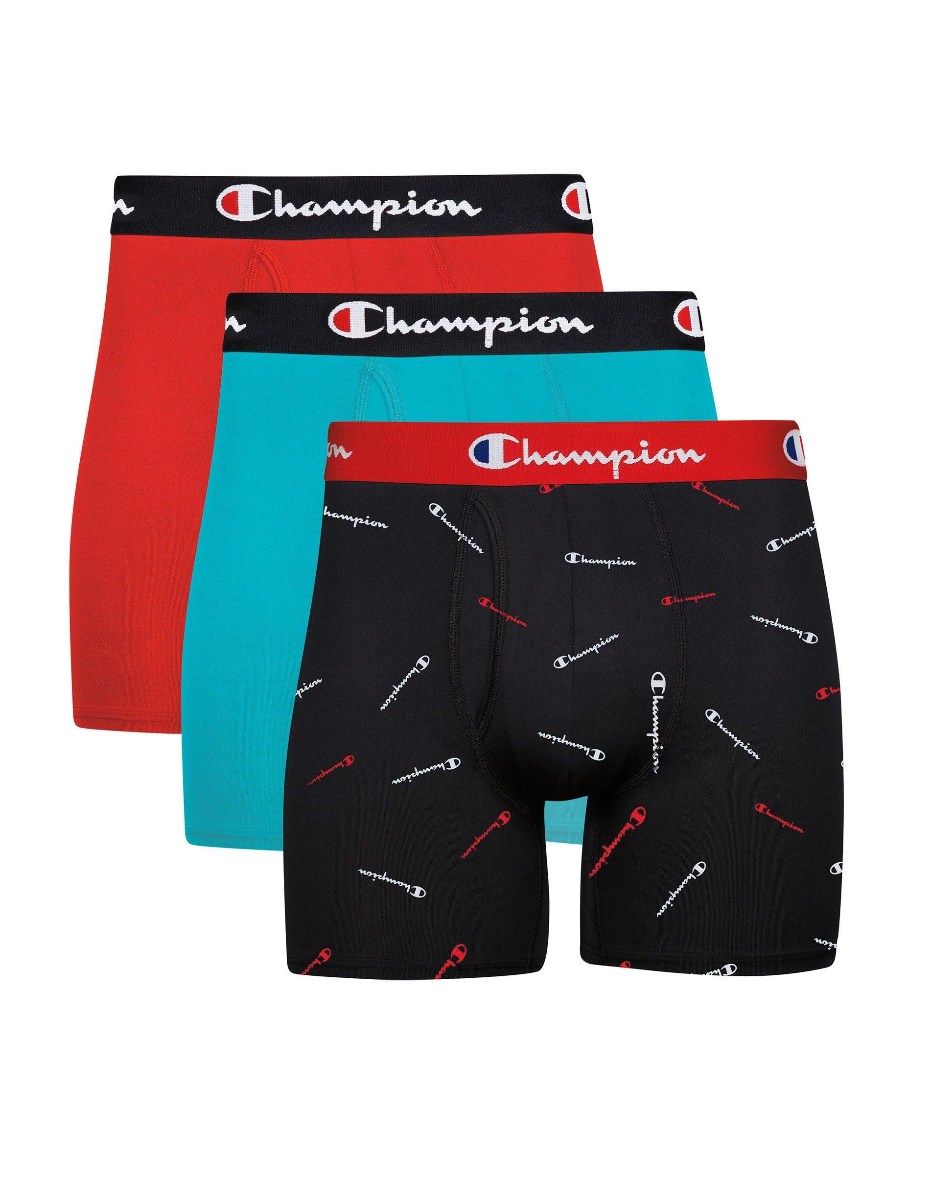 Champion Mens Boxer Briefs Pack, Lightweight Stretch, Moisture-Wicking, 3-Pack, Red/Teal/Print Black/Red/White Script Logo/Teal 2XL Product Image