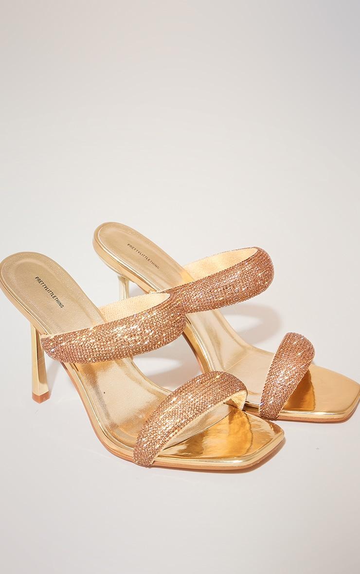 Gold Metallic Square Toe Diamante Padded Strap Heeled Sandals Product Image