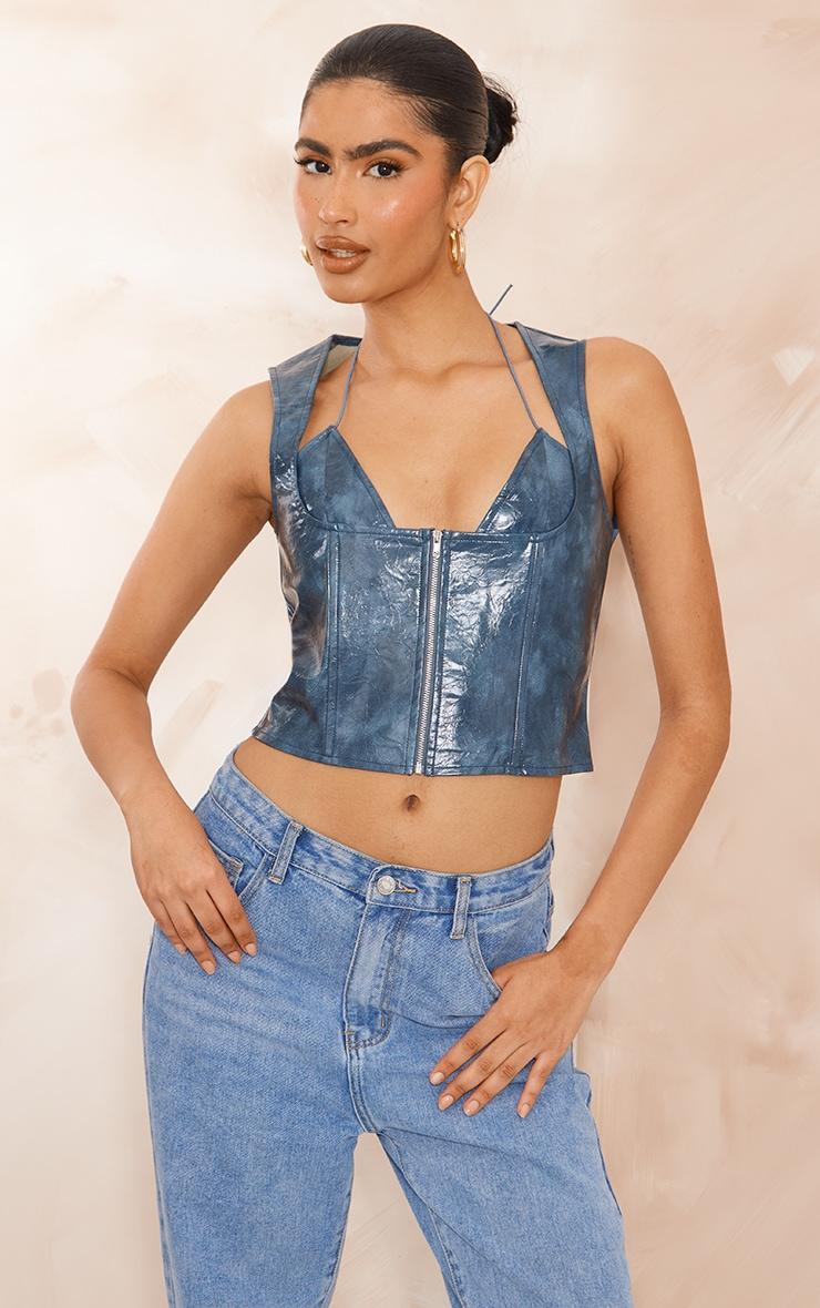 Blue Faux Leather Bralet Detail Long Top Product Image