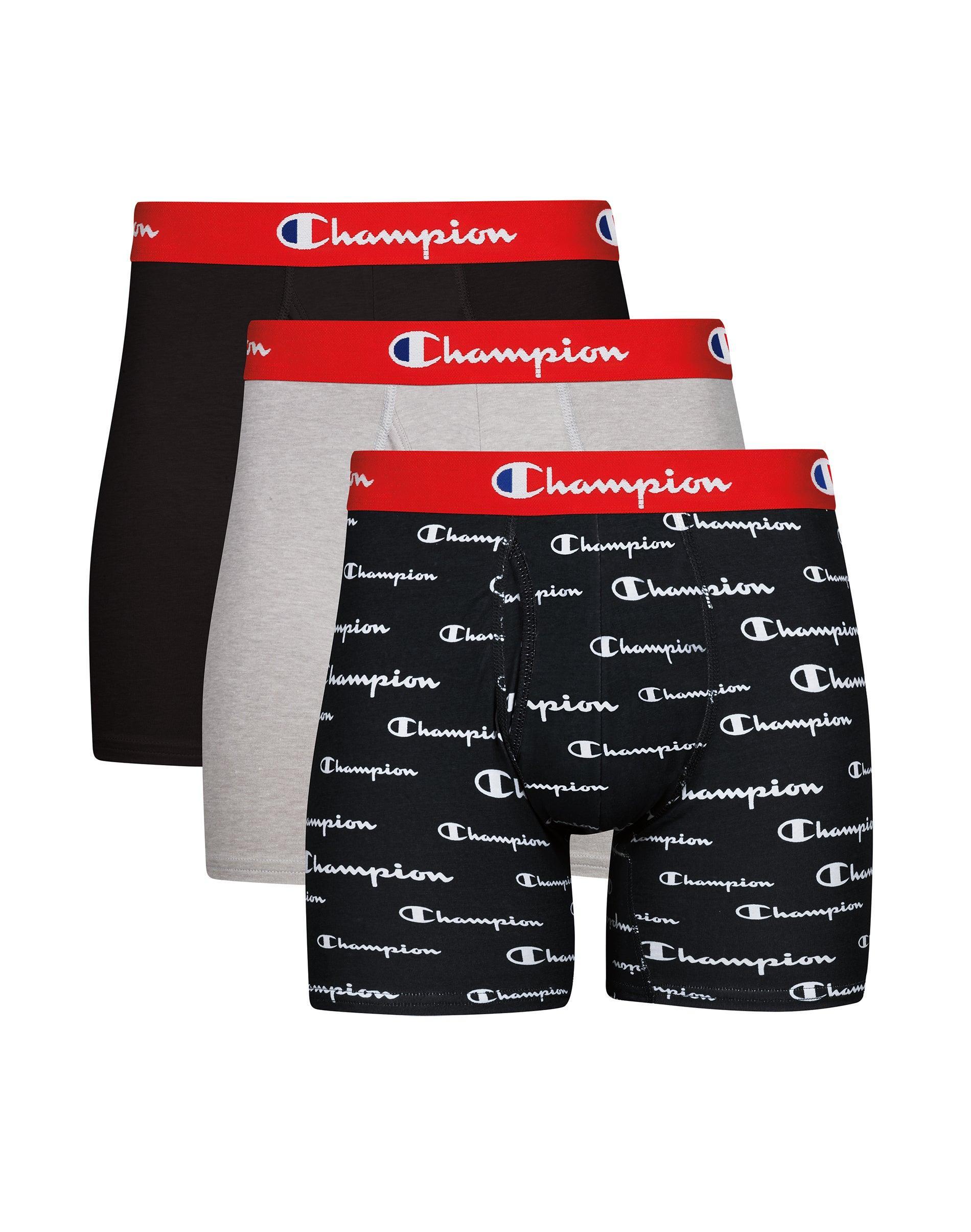 Champion Everyday Comfort Mens Boxer Briefs Pack, Moisture Wicking, Black Script & Solids, 3-Pack Oxford Grey/Red/Black/White Logo/Red/Black/Red 2XL Product Image