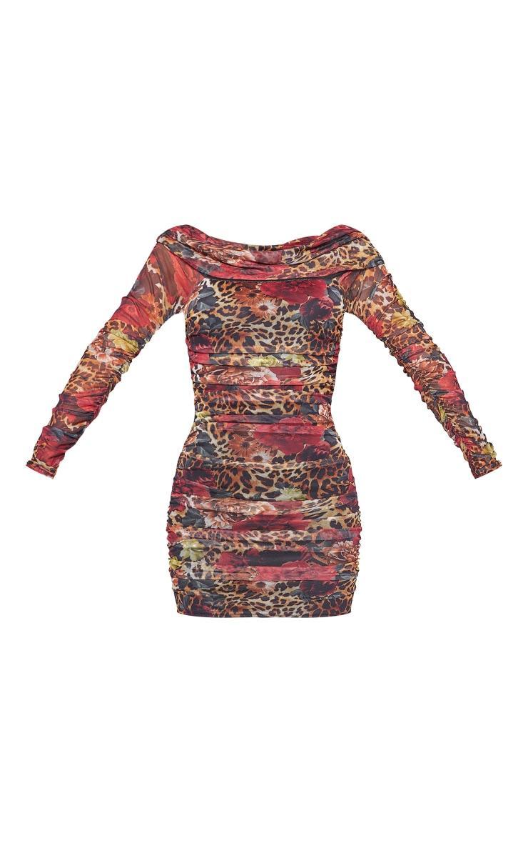 Multi Mixed Floral Chiffon Long Sleeve Ruched Mini Dress Product Image