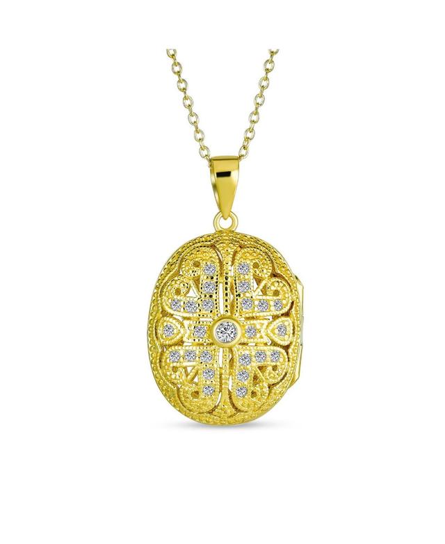 Bling Jewelry Antique Style Hallow Oval Essential Oil Diffuser Love Heart and Clover Flower Locket Necklace Gold Plated Sterling Silver For Women - Go Product Image