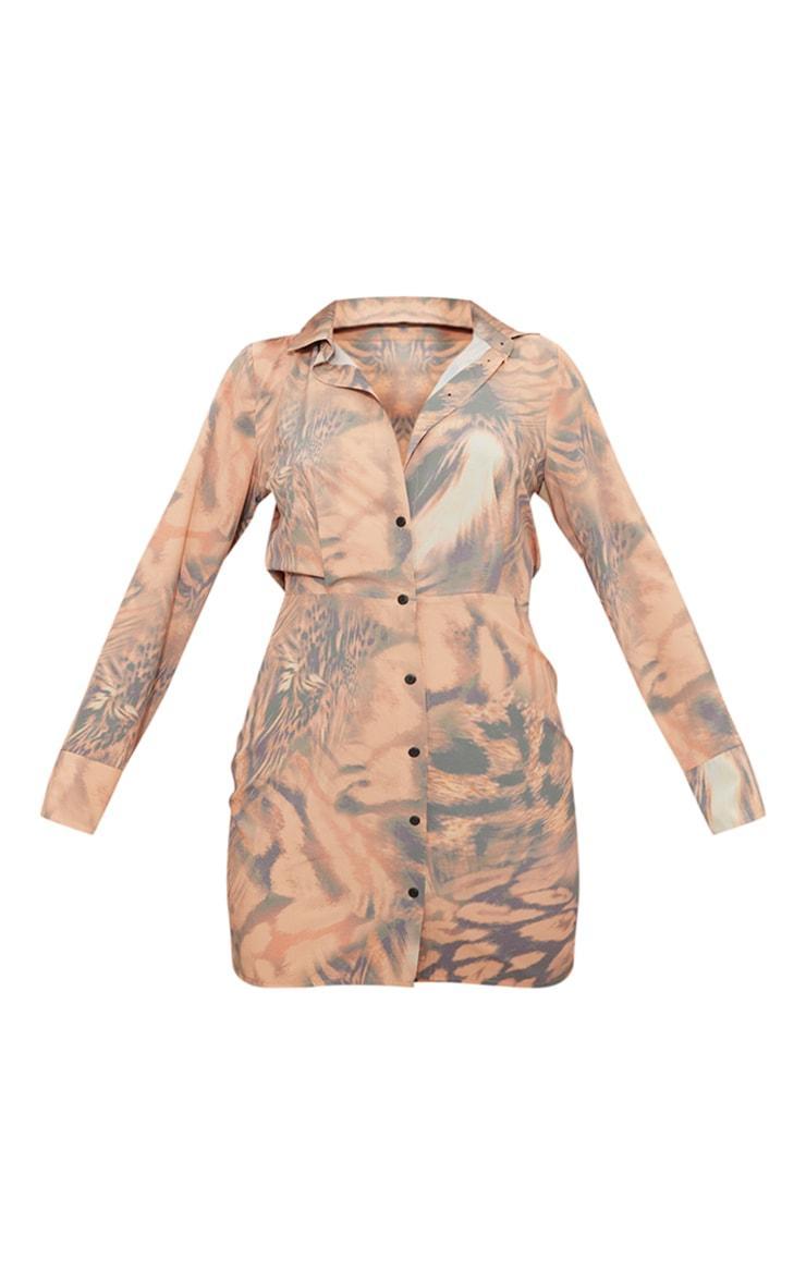 Brown Animal Printed Long Sleeve Shirt Dress Product Image