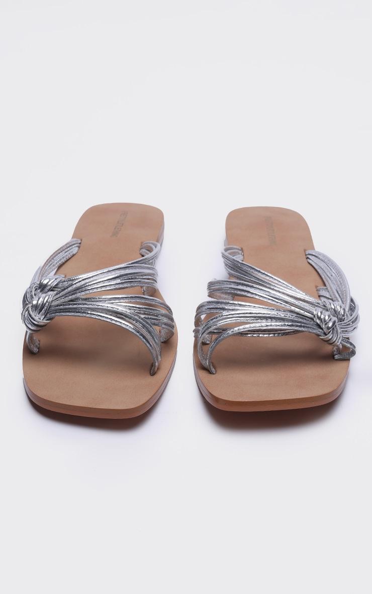 Silver Real Leather Square Toe Knotted Strap Flat Sandals Product Image