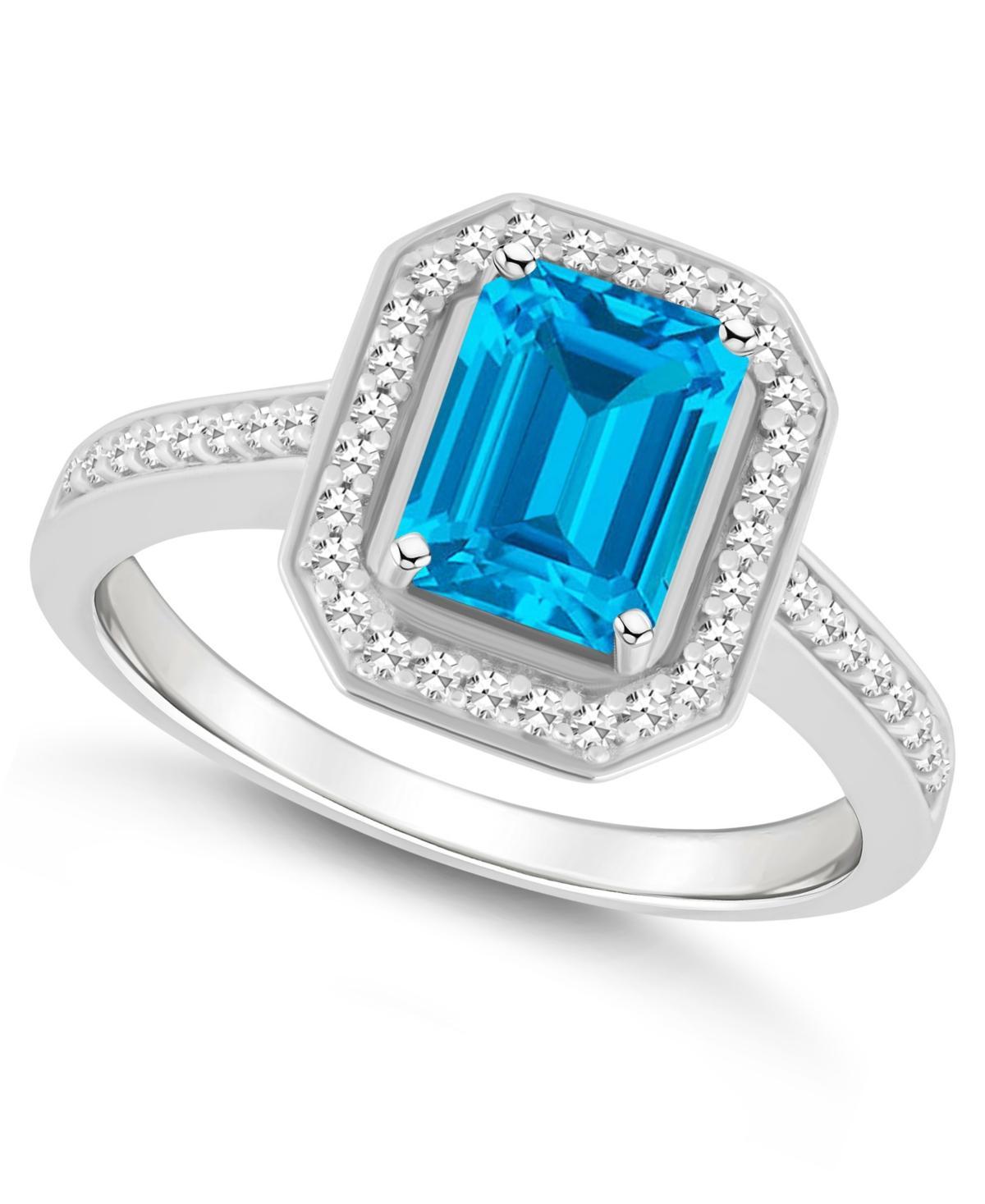 Celebration Gems Sterling Silver 8 mm x 6 mm Emerald Cut Gemstone & 1/5 Carat T.W. Diamond Halo Ring, Womens Blue Topaz Product Image