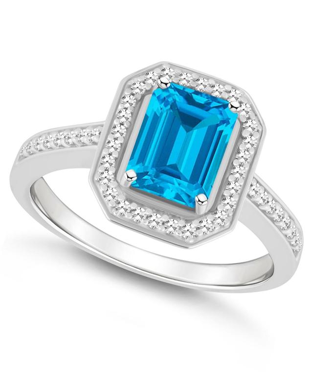 Celebration Gems Sterling Silver 8 mm x 6 mm Emerald Cut Gemstone & 1/5 Carat T.W. Diamond Halo Ring, Womens Blue Topaz Product Image