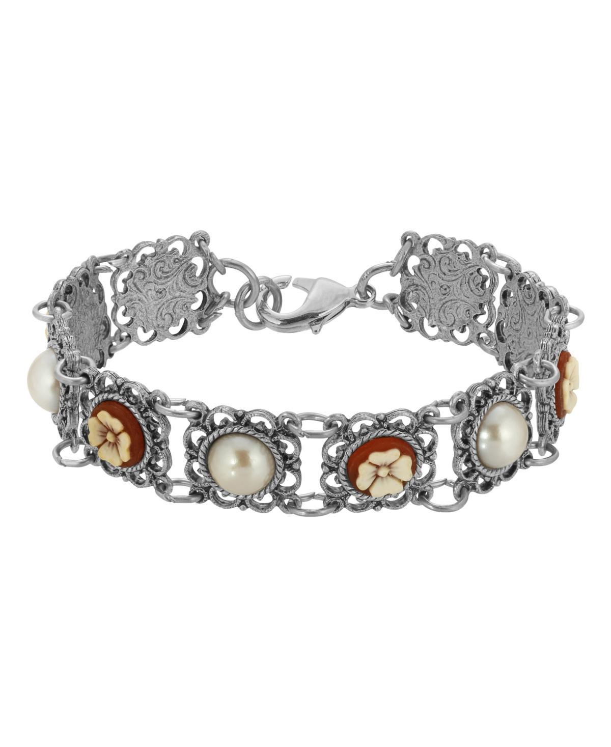 1928 Silver Tone Enamel & Simulated Pearl Flower Cameo Bracelet, Womens, Orange Product Image