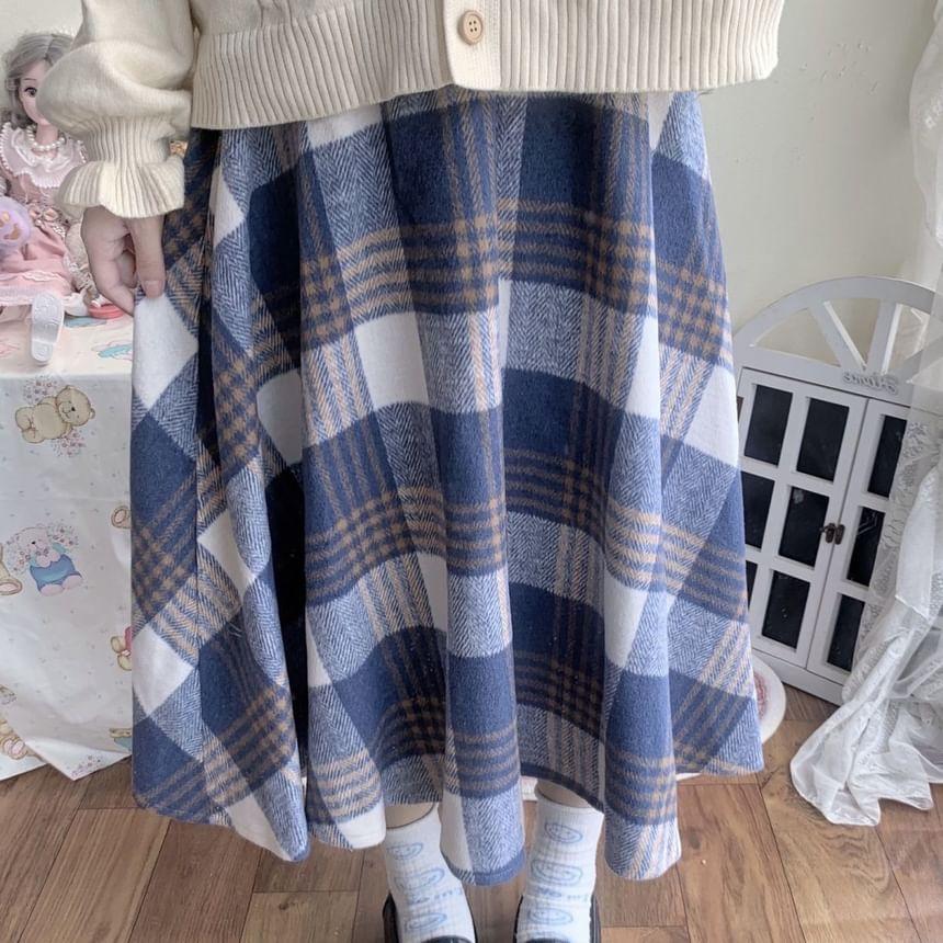 High Waist Plaid Midi A-Line Skirt Product Image