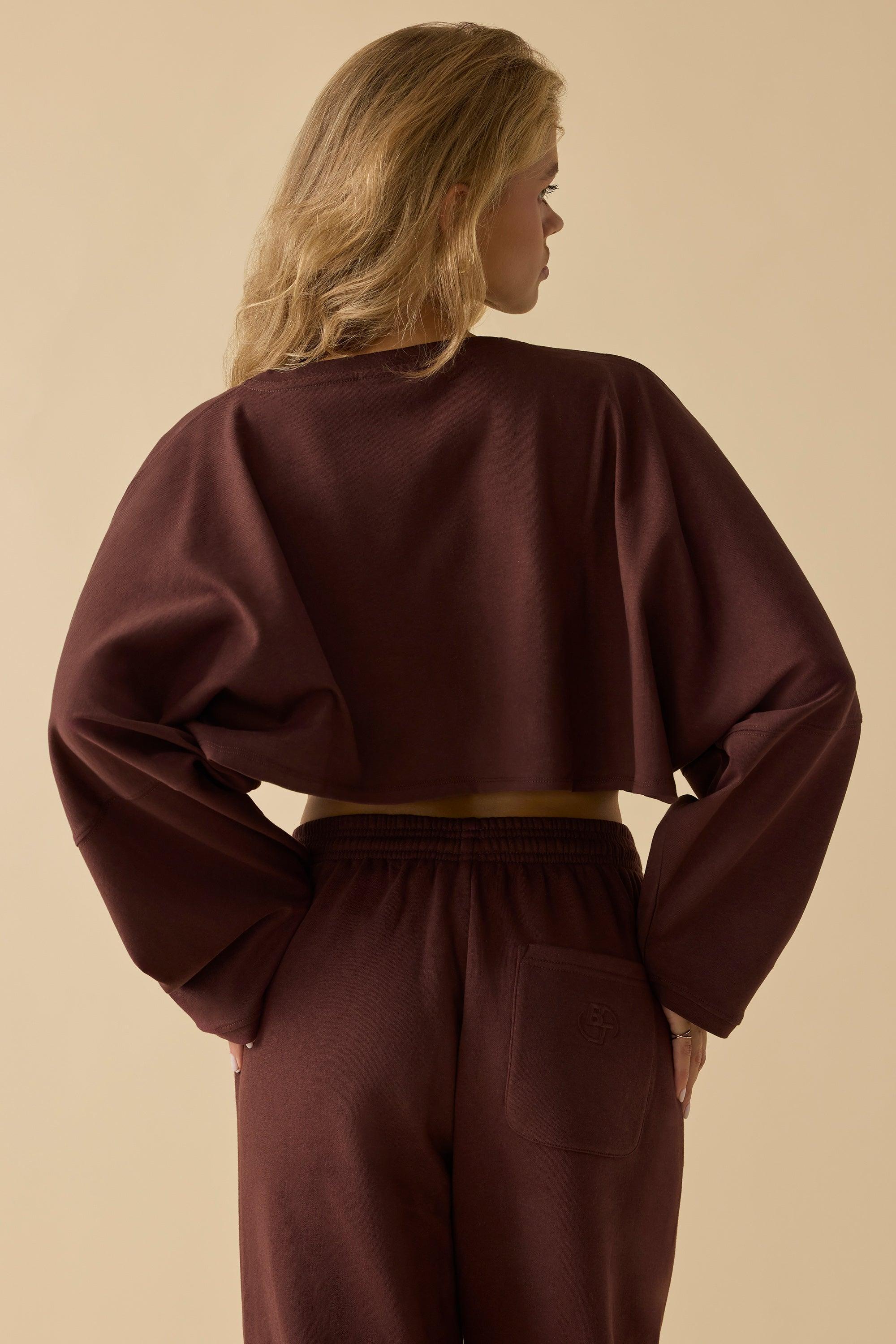 Oversized Long Sleeve Crop Top in Mahogany Female Product Image