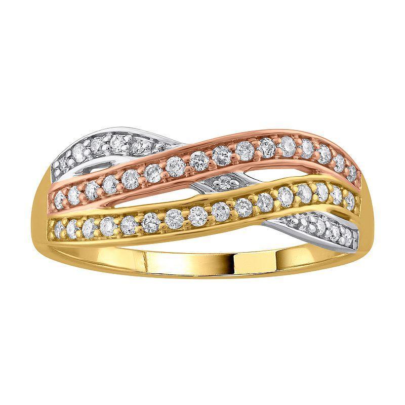 Tri-Tone 10k Gold 1/4 Carat T.W. Diamond Fashion Wedding Band Ring HI-I2I3, Womens 10k  Tone Product Image