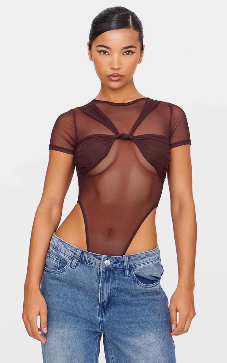 Brown Mesh Knot Bust Panel Detail Body Product Image