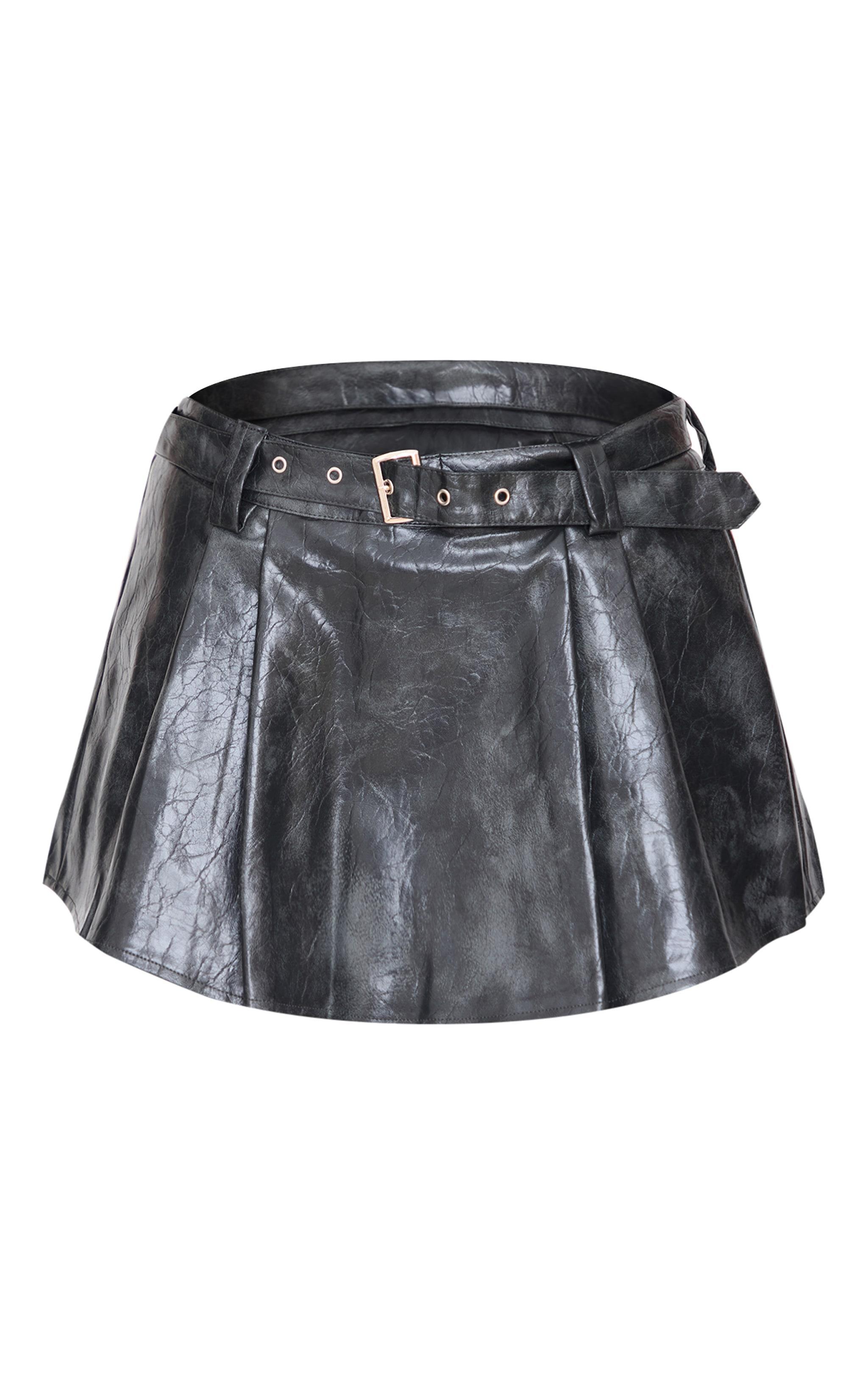 Charcoal Grey Washed Faux Leather Belted Pleated Micro Mini Skirt Product Image