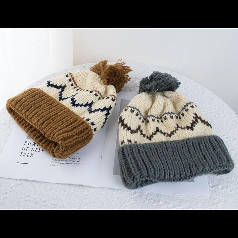 Chevron Pom Pom Knit Beanie Product Image