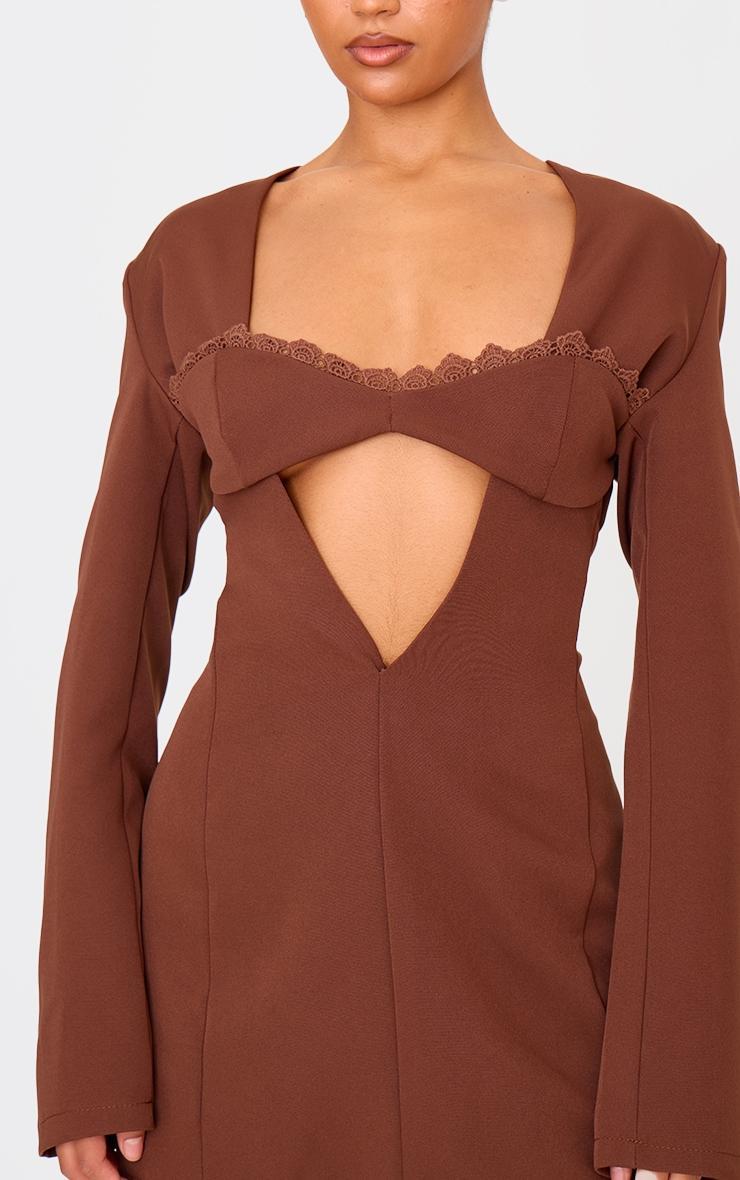 Chocolate Woven Lace Trim Detail Blazer Dress Product Image