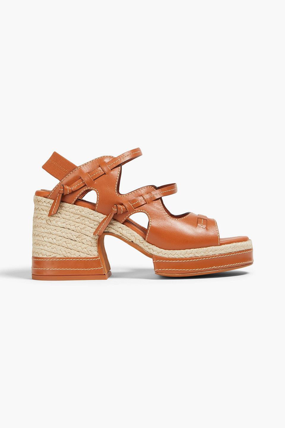 Topstitched Leather Espadrille Sandals In Tan Product Image